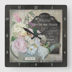 Personalised Paris Flower Peony Vintage Chalkboard Square Wall Clock