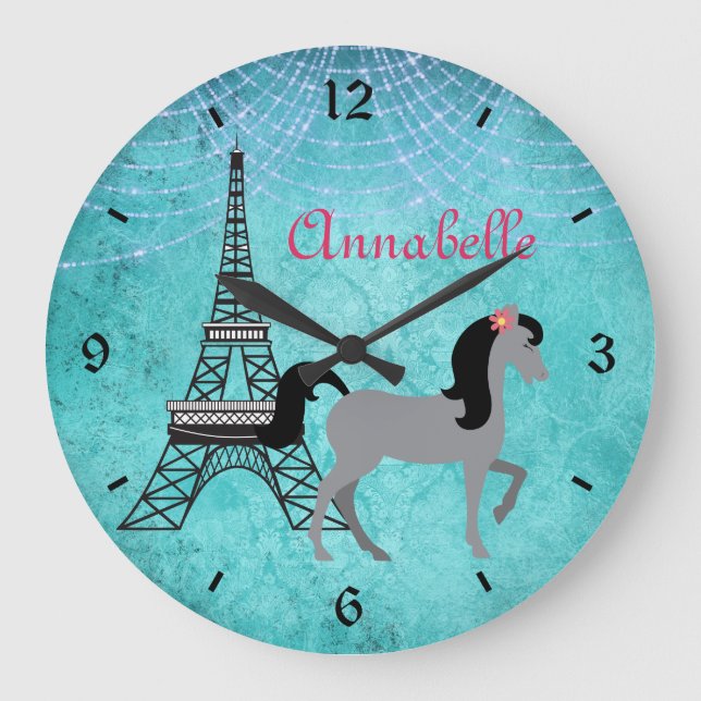Personalised Paris Pony Oh La La Grey Horse Large Clock (Front)