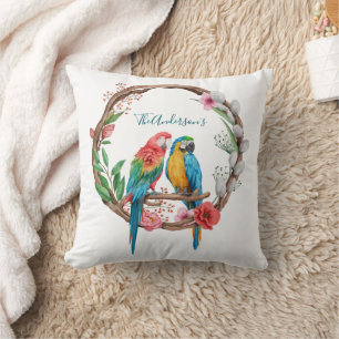 Personalised Parrots Macaw Birds Colourful Floral Cushion