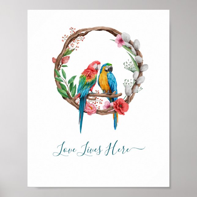 Personalised Parrots Macaw Birds Colourful Floral  Poster (Front)