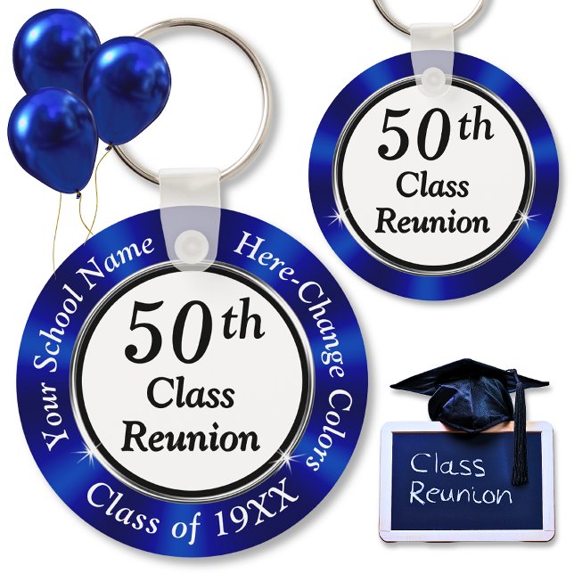Personalised Party Favours for 50th Class Reunion Key Ring (50th Class Reunion Party Favors. Blue, White and Black, 50th Class Reunion Favors. )