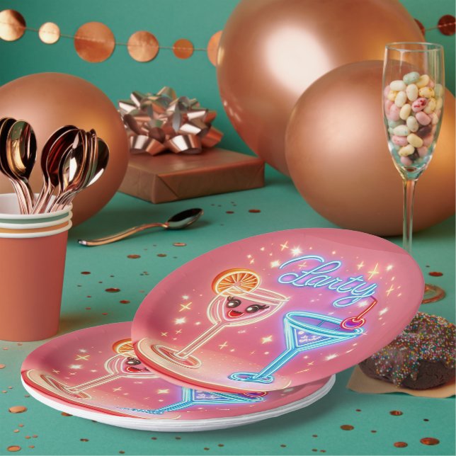 Personalised Party Time Neon Invitation Paper Plate (Multi)