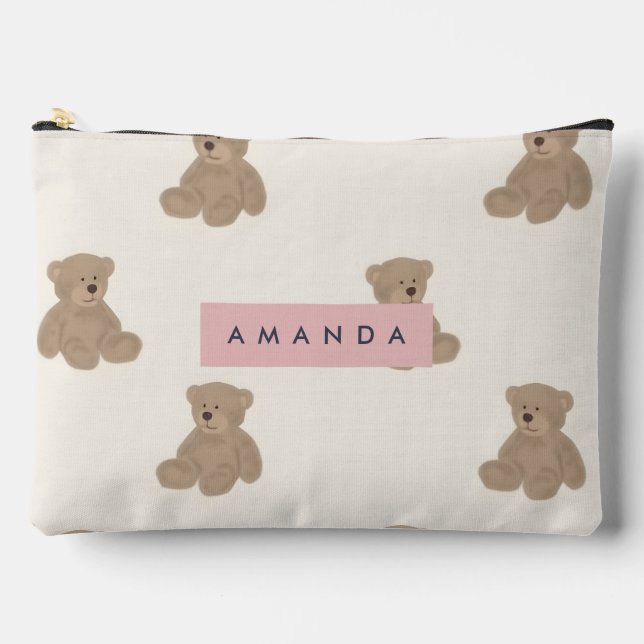 Personalised Pastel Adorable Stuffed Bear Pattern Accessory Pouch (Front)