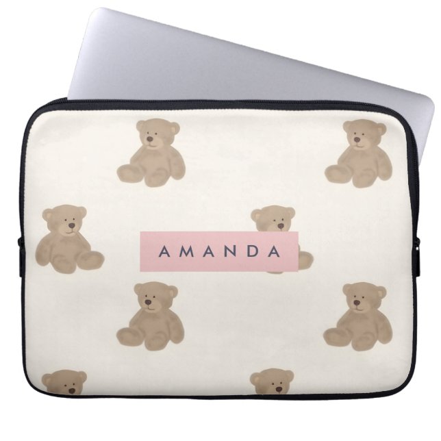 Personalised Pastel Adorable Stuffed Bear Pattern Laptop Sleeve (Front)