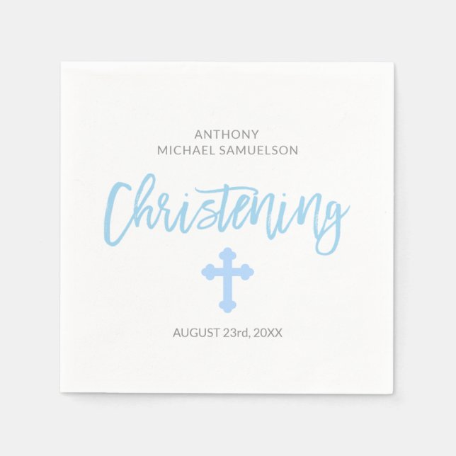 Personalised Pastel Blue Boy Cross CHRISTENING Napkin (Front)