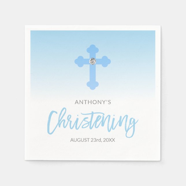 Personalised Pastel Blue Boy Cross CHRISTENING Napkin (Front)