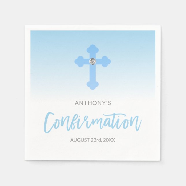Personalised Pastel Blue Boy Cross CONFIRMATION Napkin (Front)