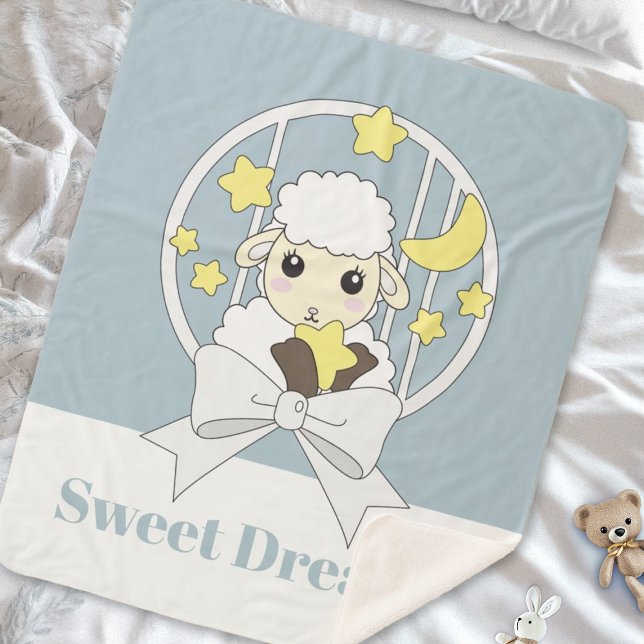 Personalised Pastel Blue Cute Little Sheep Kids Sherpa Blanket (Creator Uploaded)
