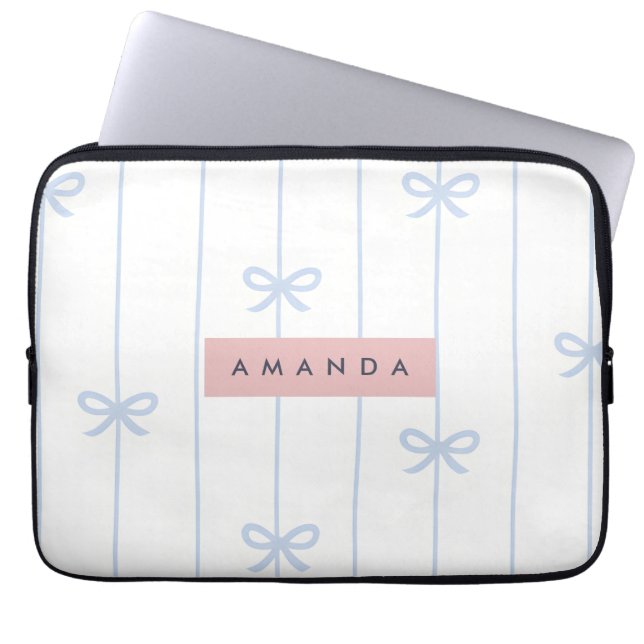 Personalised Pastel Blue Ribbon Pattern Laptop Sleeve (Front)