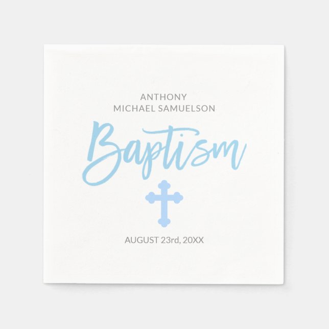 Personalised Pastel Blue White Boy Cross BAPTISM Napkin (Front)