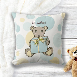 Personalised Pastel Blue Yellow Cute Teddy Bear Cushion