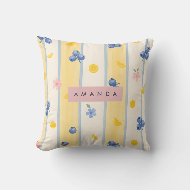Personalised Pastel Blueberry & Lemon Pattern Cushion (Front)