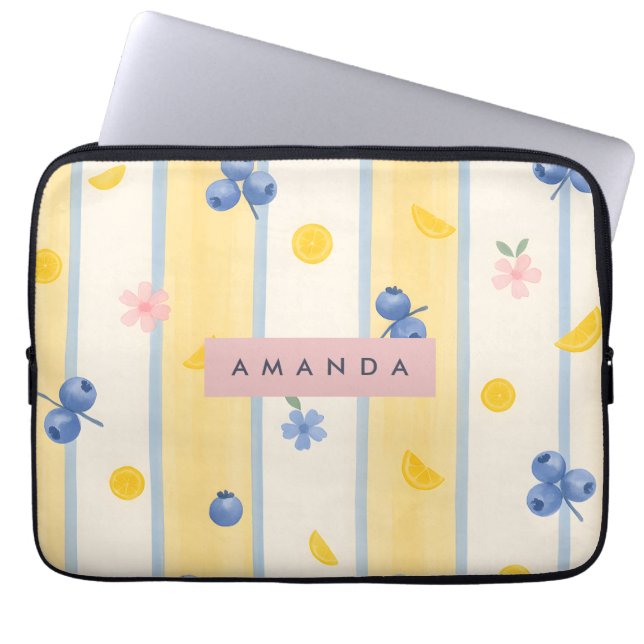 Personalised Pastel Blueberry & Lemon Pattern Laptop Sleeve (Front)