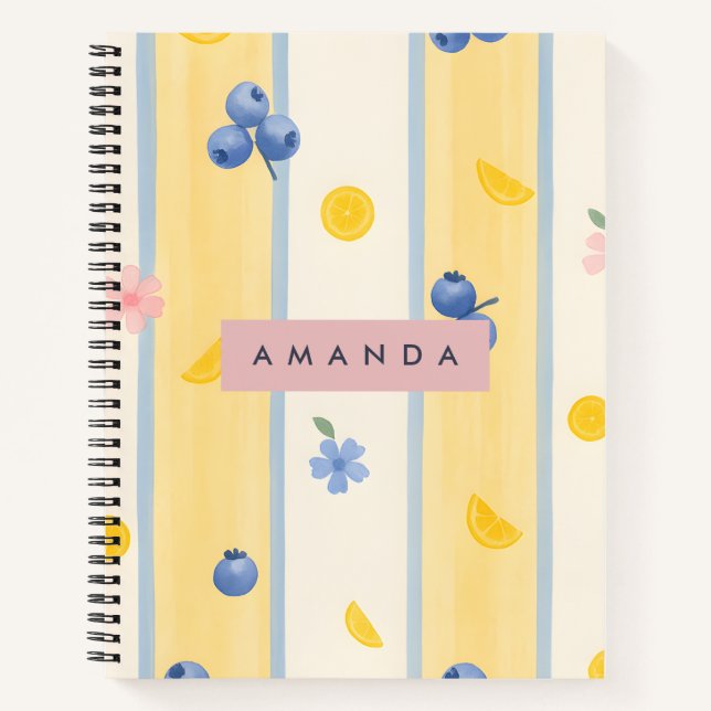 Personalised Pastel Blueberry & Lemon Pattern Notebook (Front)