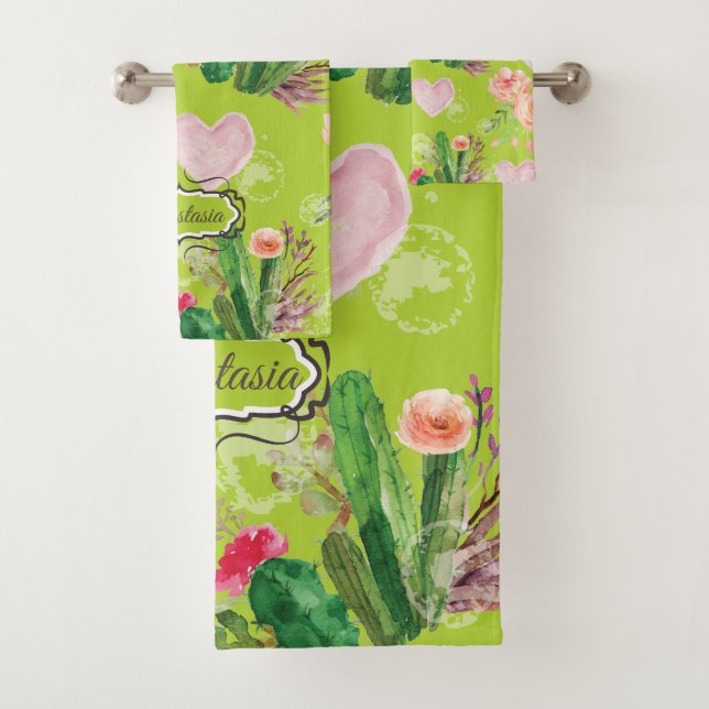 Personalised Pastel Cactus Bath Towel Set (Insitu)