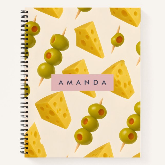 Personalised Pastel Cheese and Olive Pattern Notebook (Front)