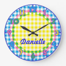 Personalised Pastel Chequered Kids Clock w/numbers