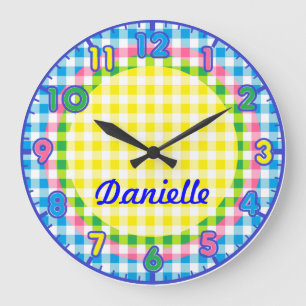 Personalised Pastel Chequered Kids Clock w/numbers