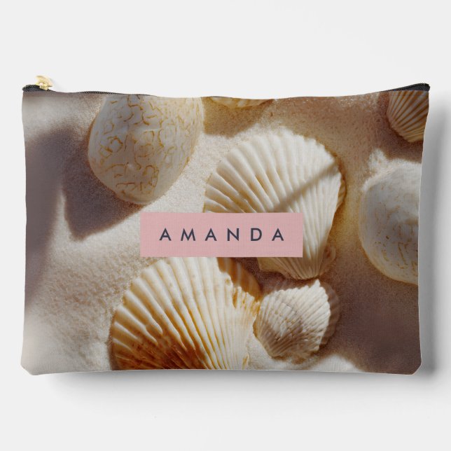 Personalised Pastel Coastal Seashells on Sand  Accessory Pouch (Front)