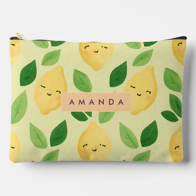 Personalised Pastel Cute Smiling Lemon Pattern  Accessory Pouch (Front)