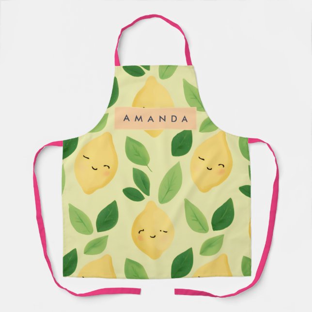 Personalised Pastel Cute Smiling Lemon Pattern  Apron (Front)