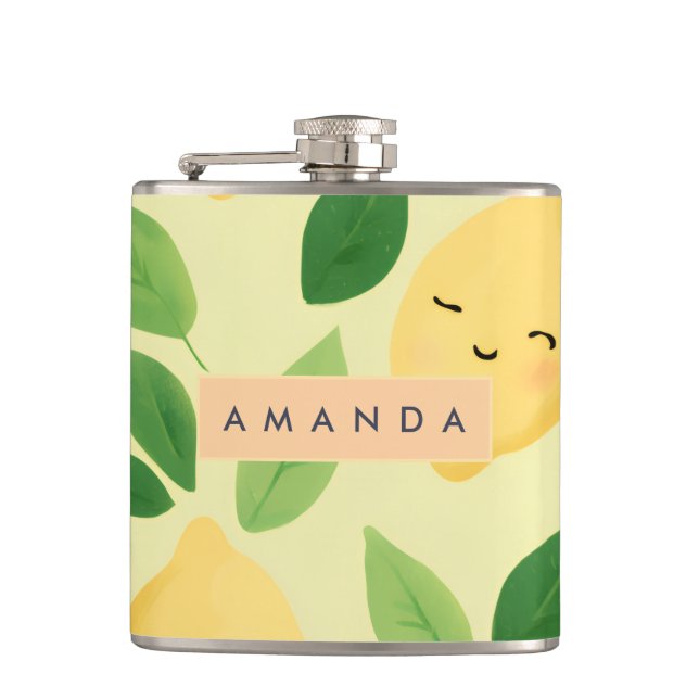 Personalised Pastel Cute Smiling Lemon Pattern  Hip Flask (Front)