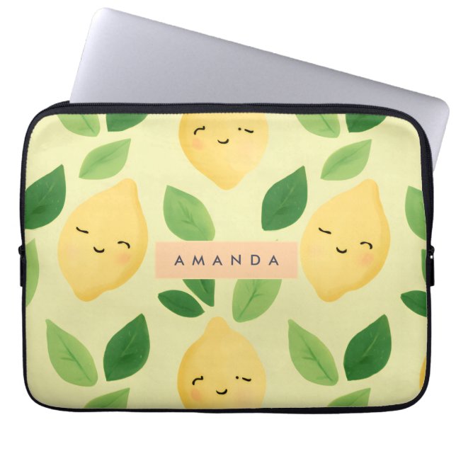 Personalised Pastel Cute Smiling Lemon Pattern  Laptop Sleeve (Front)