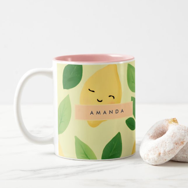 Personalised Pastel Cute Smiling Lemon Pattern  Two-Tone Coffee Mug (With Donut)