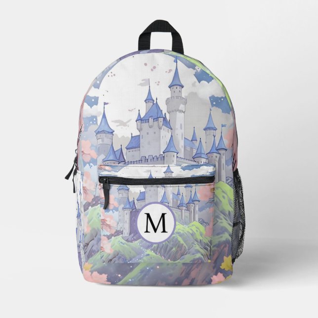 Personalised Pastel Fairytale Castle Watercolor  Printed Backpack (Front)