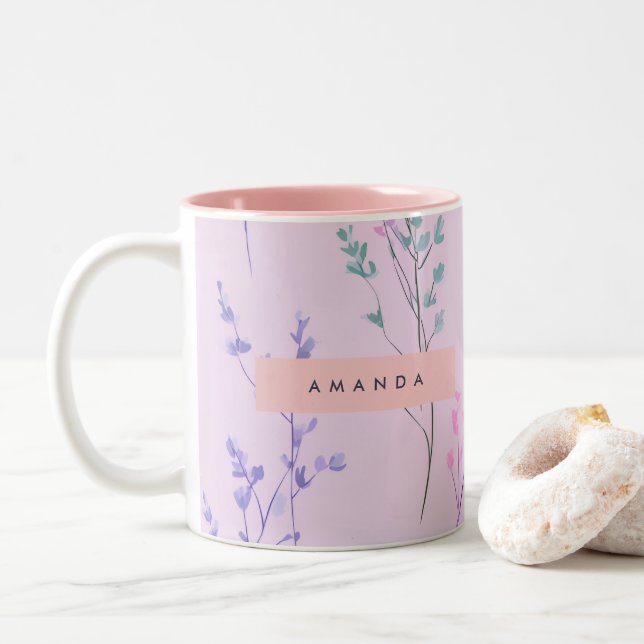 Personalised Pastel Floral, Elegant  Two-Tone Coffee Mug (With Donut)