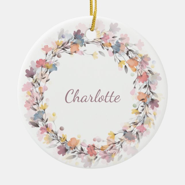 Personalised Pastel Floral Wreath Name Christmas Ceramic Tree Decoration (Front)