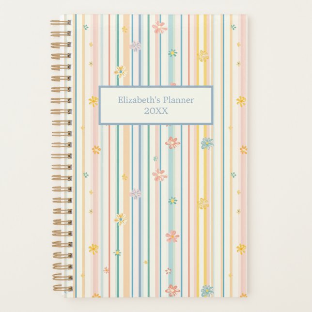 Personalised Pastel Flowers Stripes Yearly Planner (Front)