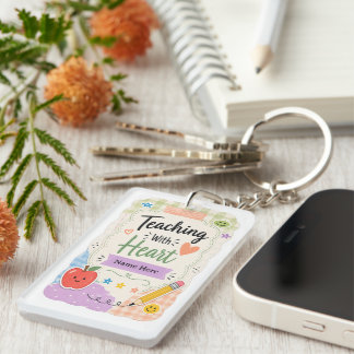 Personalised Pastel Gingham Teaching With Heart Key Ring