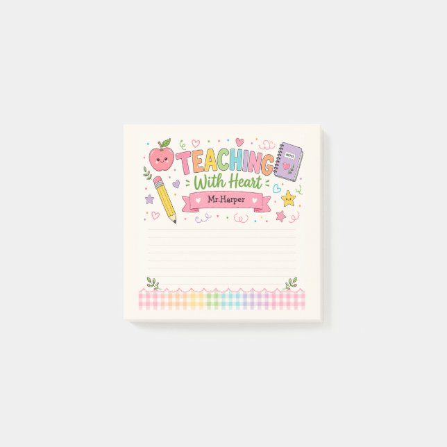 Personalised Pastel Gingham Teaching With Heart  Post-it Notes (Front)