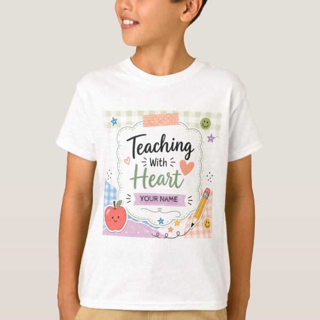 Personalised Pastel Gingham Teaching With Heart  T-Shirt (Front)