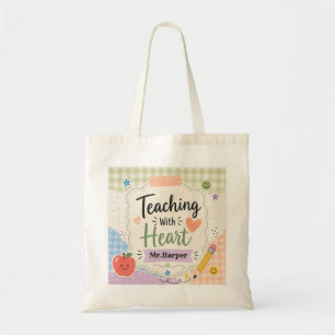 Personalised Pastel Gingham Teaching With Heart Tote Bag