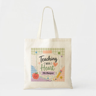 Personalised Pastel Gingham Teaching With Heart Tote Bag