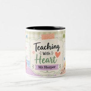  Personalised Pastel Gingham Teaching With Heart Two-Tone Coffee Mug