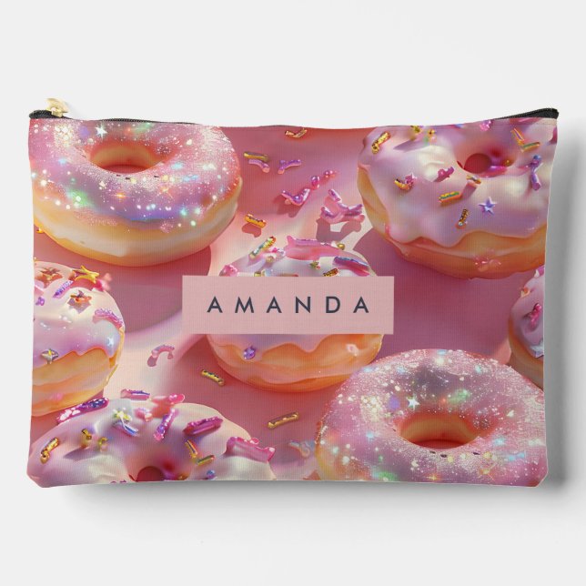Personalised Pastel Glittering Pink Doughnut Dream Accessory Pouch (Front)