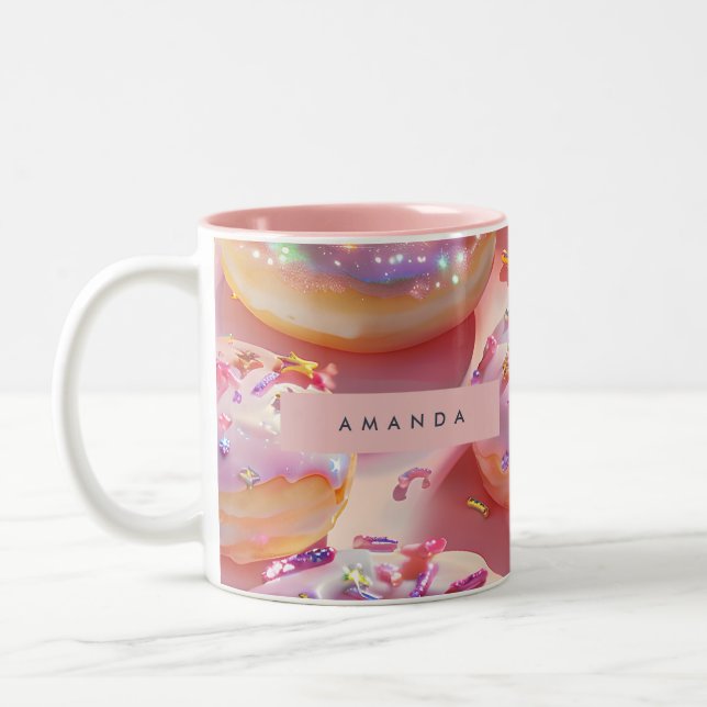 Personalised Pastel Glittering Pink Doughnut Dream Two-Tone Coffee Mug (Left)