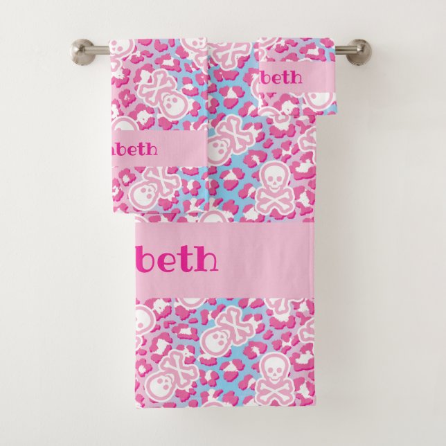 Personalised Pastel Goth Leopard Print Jolly Roger Bath Towel Set (Insitu)