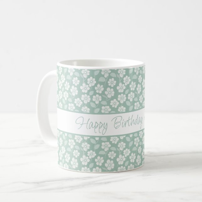 Personalised Pastel Green Mint White Boho Florals  Coffee Mug (Front Left)