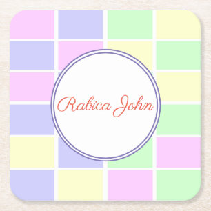 Personalised Pastel Grid Name   Custom Party Drink Square Paper Coaster