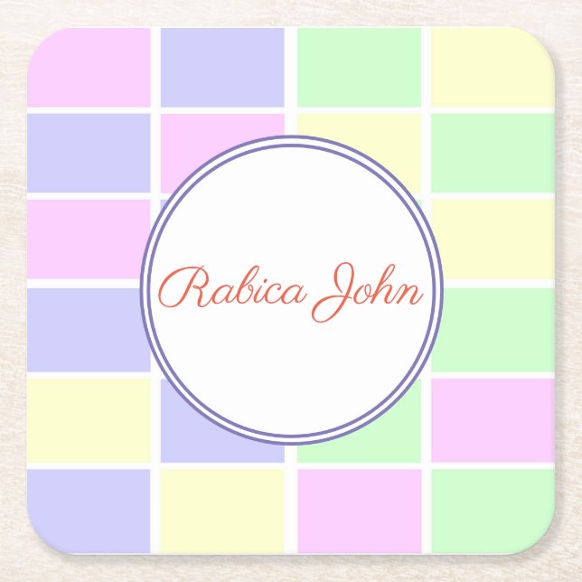 Personalised Pastel Grid Name | Custom Party Drink Square Paper Coaster (Front)