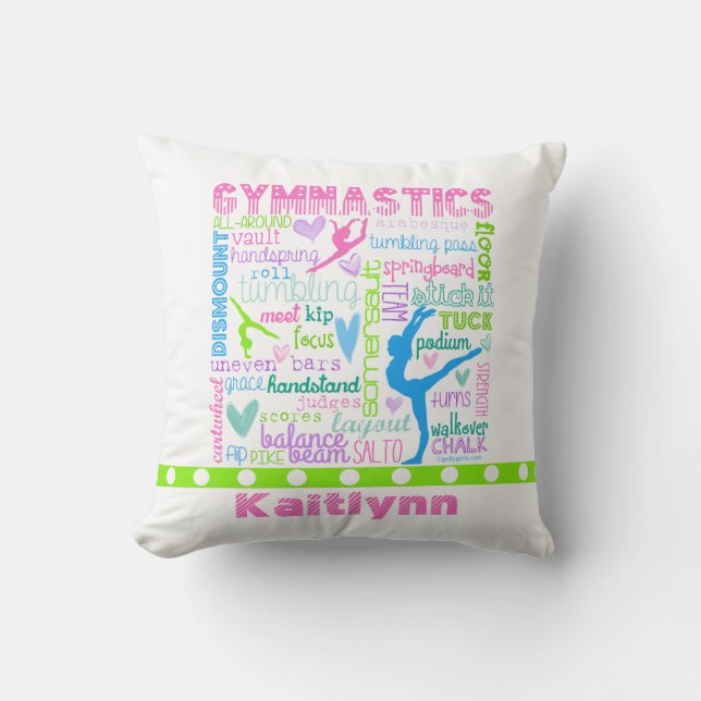 Personalised Pastel Gymnastics Words Typography Cushion (Front)