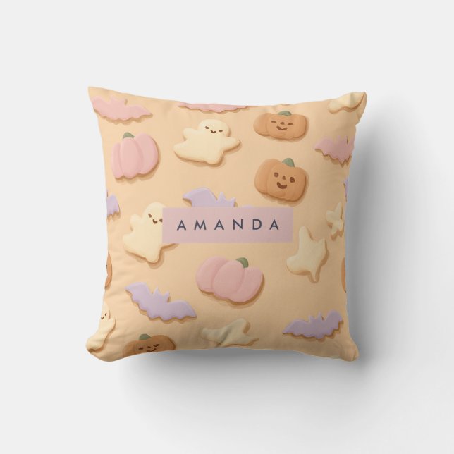 Personalised Pastel Halloween Cookie Ghost Bat Cushion (Front)