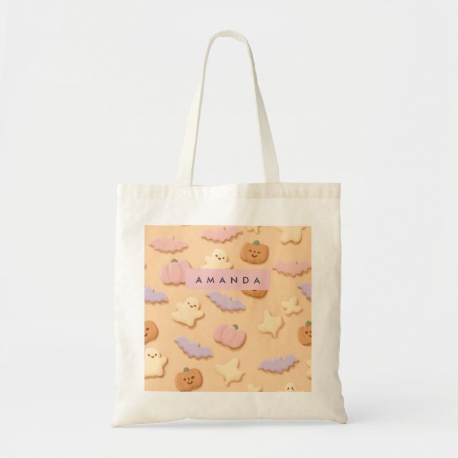Personalised Pastel Halloween Cookie Ghost Bat Tote Bag (Front)