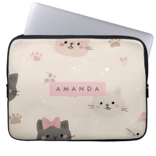 Personalised Pastel Kawaii Cat Face Pattern Laptop Sleeve