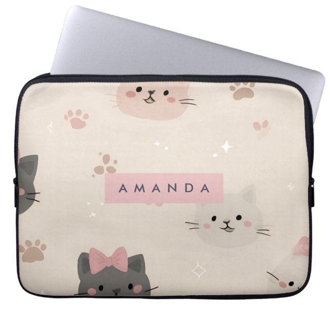 Personalised Pastel Kawaii Cat Face Pattern Laptop Sleeve (Front)