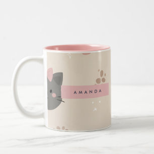 Personalised Pastel Kawaii Cat Face Pattern Two-Tone Coffee Mug